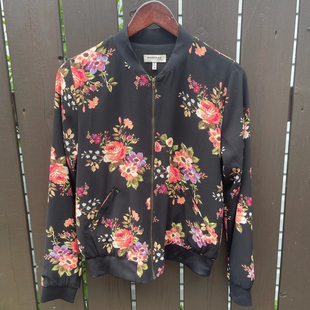 💵📉 Monteau Women’s Size M Floral zip-up light long sleeve bomber jacket